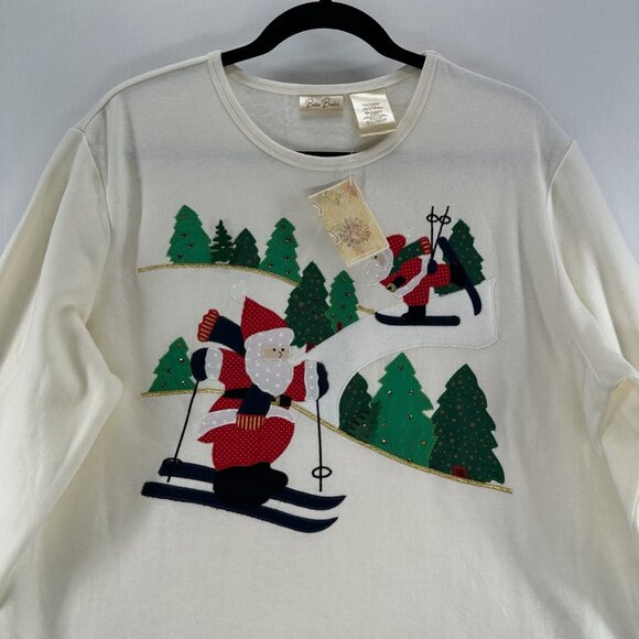 Bobbie Brooks Holiday Sweater L Christmas Tree Santa Embroidered Pullover Ivory - Picture 4 of 10